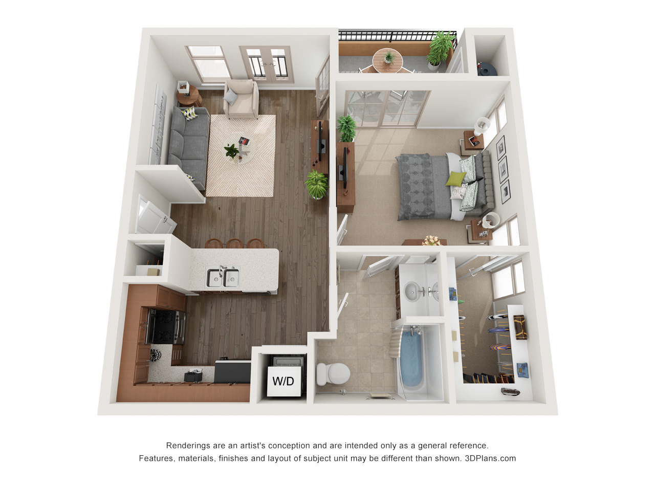 Floor plan for 1 bed, 1 bath, 736 sqft